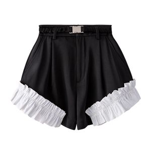 Dames Zwart Daliy Strand Geplooide Patchwork Ruffles All Match Shorts Hoge Taille Losse Mode Zomer 16W869 210510