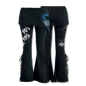 Femmes noires brodées de bandage décontracté, punk lace en lacet up bornet leggings poches vintage pantalon y2k solide y2k