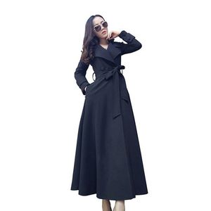 Trench-Coat noir Extra Long pour femme, manteau à revers avec ceinture, Slim, printemps-automne, S-XXXL