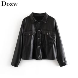 Women Black Faux Leather Coat Jacket Atumn Winter Fashion Pockets Turn Down Collar Short Jackets Female Streetwear Outwear 210414