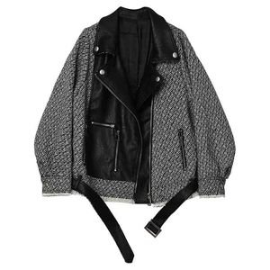 Femmes Noir Faux Cuir Veste Manteau Outwear Col Encoche High Street Tweed Plaid Patchwork C0352 210514