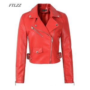 Femmes Black Faux Cuir Vestes Pu Moto Zipper Soft Rivet Rouge Rose Col Turn-Down Vêtements d'extérieur 210430