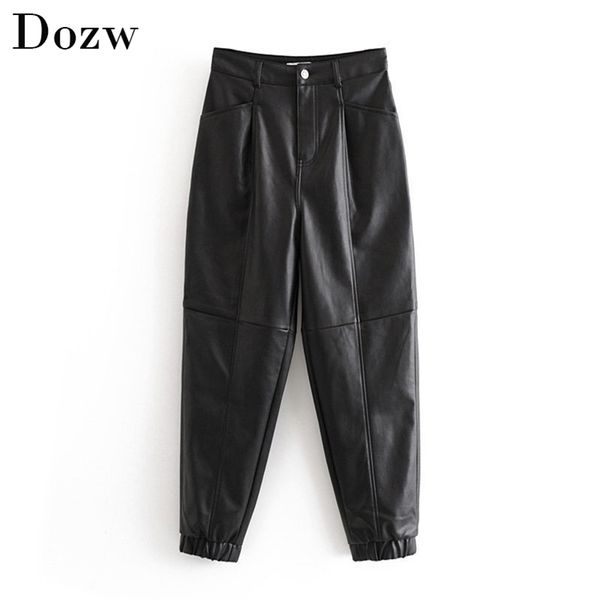 Mujeres Black Faux Pantalones de cuero Moda Streetwear Flojo Harem Damas Invierno PU Leater Pantalones largos 210515