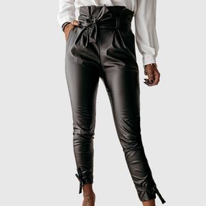 Vrouwen Zwart Kunstleer PU Potlood Broek Hoge Taille Riem Sjordes Zakken Zipper Office Dames Solid Female Slanke Sexy Broeken 210416