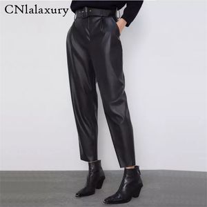 Femmes noir faux cuir costume pantalon femme taille haute avec ceinture poches élégant bureau dames pu pantalon 220325