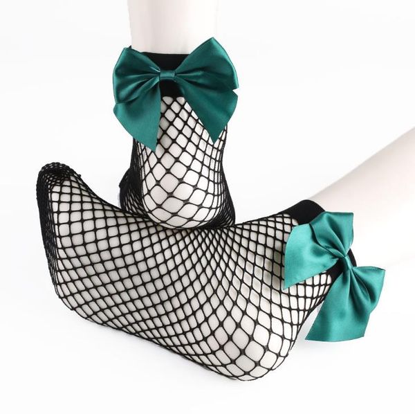 Femmes noir résille chaussettes avec nœud papillon déguisement élastique évider Sexy maille Net cheville chaussettes bonneterie