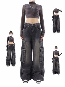 vrouwen zwarte gotische baggy cargo jeans vintage jaren 90 esthetische Y2k denim broek harajuku hoge taille cowboy broek jaren 2000 kleding 2024 t6Ta #