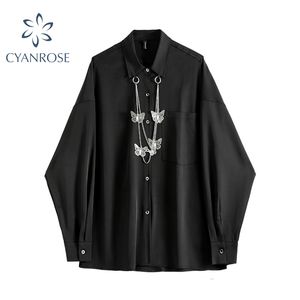 Femmes noir gothique chemise ample automne décontracté à manches longues Streetwear Vintage japonais Harajuku fille Goths Blouse hauts 210417