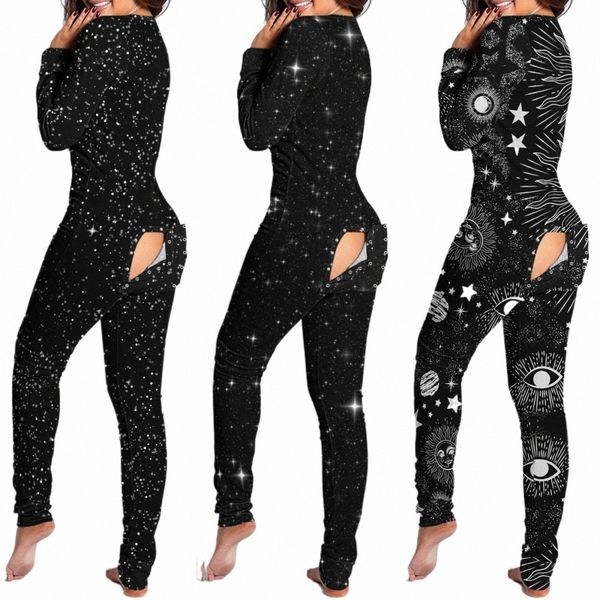 Femmes Combinaison noire avec rabat bout à bout pour adultes vêtements de nuit sexy barboteuse ouvert pyjama pyjama pyjama lg body loungewear onesies D9OI #