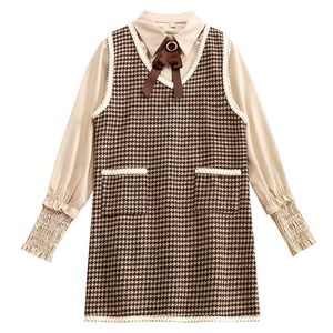 Vrouwen Zwart Khaki Lantaarn Lange Mouwen Boog Shirt Elegante Mini Vest Tweed Regelde Pocket Jurk 2 Stuk Set Herfst T0283 210514
