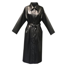 Femmes Noir Pu En Cuir Trench Coupe-Vent Outwear Manteau Long Style Solide Sash C0198 210514