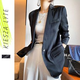 Vrouwen zwart satijn blazer dame kantoor werk vrouwelijke fatsoenlijke zomer femme dunne pak jassen 210608