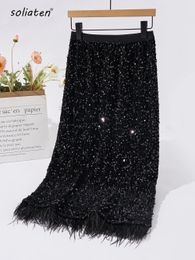 Femmes noir paillettes plume jupe automne hiver fête hanche jupe mince Festival femme Chic bas C-214 240110