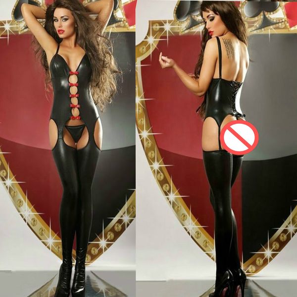 Femmes noir brillant Look humide Lingerie sans entrejambe nuisette soirée Clubwear jarretelle Style body avec nœud rouge