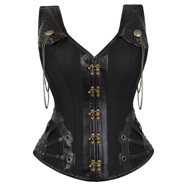 Mujeres Negro Steampunk Gótico Halterneck Overbust Corset Chaleco con botones y acentos de cadena de oro Classic Lace Up Plastic Deshuesado Clubwear XXL