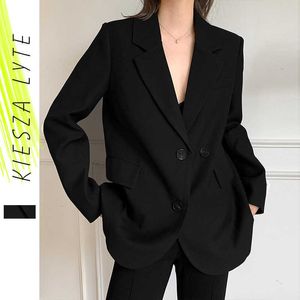 Femmes Costume Noir Blazer Bureau Veste Casual Tops Manteau Élégant Lady Streetwear Vestes Femme Printemps 210608