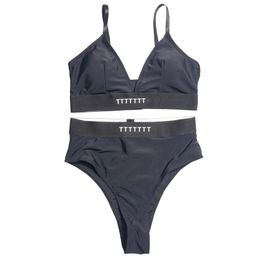 Femmes maillot de bain noir lettre imprimer taille haute maillot de bain été rembourré dos nu Biquinis vacances printemps chaud maillot de bain