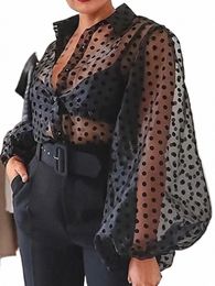 Femmes Noir Tulle Blouses Polka Dots Imprimer Fesses Lg Lanterne Manches Chemise Tops Élégant Chic Plus Taille À La Mode Club Wear Q28p #