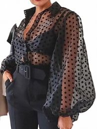 Femmes Noir Tulle Blouses Polka Dots Imprimer Fesses Lg Lanterne Manches Chemise Tops Élégant Chic Plus Taille À La Mode Club Wear V9cs #