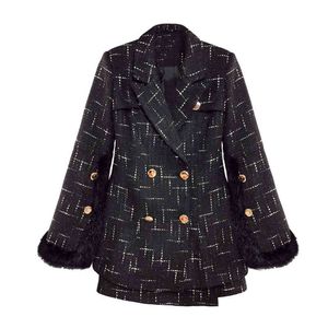 Blazer de piel con botones de Tweed negro para mujer, minifalda con cremallera, lápiz, conjunto de 2 piezas, traje elegante con cuello de muesca de invierno T0048 210514