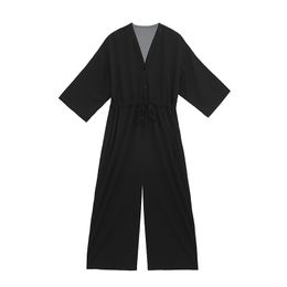 Vrouwen Zwart V-hals 3/4 Mouw Sash Volledige lengte Solid Jumpsuit Casual J0023 210514