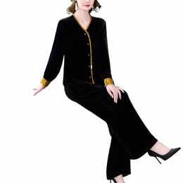Mujeres Black Veet Suit 2022 Spring Fi Tops y pantalones completos Set de dos piezas 5xl Pantalones Veet Femenino Conjunto de Y09L#