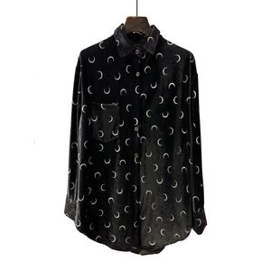 Dames Zwart Velvet Moon Print Turn Down Collar Lange Mouwen Shirt Blouse B0428 210514