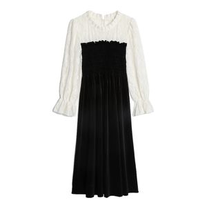 vrouwen zwart fluwelen patchwork kant witte jurken lange mouw chique elegante ruche partij D3062 210514
