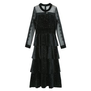 Vrouwen zwart fluwelen patchwork lovertjes mesh avondfeest jurken lange mouw cascading ruche Midi jurk D2215 210514