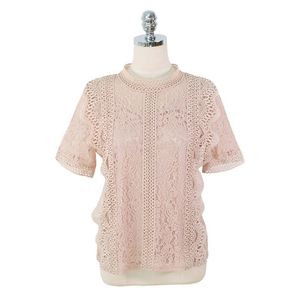 Mujer Blanco Blanco Blanco Beige Blusa de encaje Camisa de manga corta elegante B0336 210514