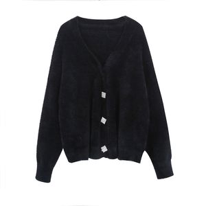 Femmes Noir Blanc Solide Col V Diamant Bouton Tricoté Pull Lâche Cardigans Mohair M0044 210514