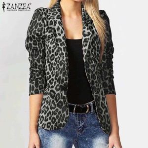 Vrouwen Blazer 2021 Casual Dames Kantoorpakken Zanzea Lente Herfst Vrouwelijke Leopard Revers Outlebear Single Button Coat Oversize X0721