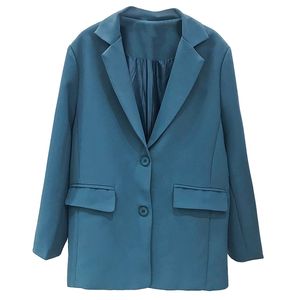 Femmes Blazer bleu solide col cranté à manches longues bouton poche lâche manteau décontracté C0265 210514
