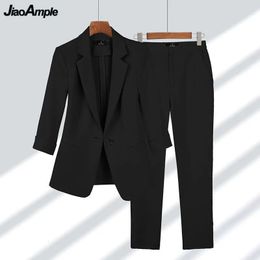 Femmes Blazer Pantalon 2 Pièces Ensemble Printemps Eté Mince Bureau Lady Basic Joker Noir Costume Manteau Pantalon Tenues Vêtements De Travail Femme 240219