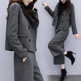 Femmes Blazer pantalon costume mode double boutonnage Tweed veste taille élastique ample pantalon à jambes larges 2 pièces ensemble assorti 231229