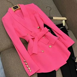 Vrouwen blazer roze jas pak bovenkleding in lente stijl temperament beroemdheden riem veelzijdig slank gotisch jasje Koreaans streetwear 240202