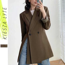 Vrouwen Blazer Spring Vintage Bruin Basic Figched Collar Solid Losse Pak Jassen Vrouwelijke Uitloper Mujer Chaqueta Casaco 210608