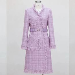 Mistura feminina inverno celebridade roxo vintage tecido rendas até jaqueta de lã borla tweed casaco de comprimento médio 231018