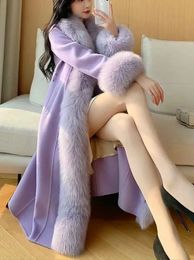 Women Blends 2023 hiver femmes élégant solide réel col de fourrure manteaux de laine dame épais chaud rose violet mode grande taille longue ceinture 231127