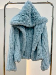 Women' Blends Herfst Winter Dames Real Rabbit Fur Coat 100 Natural Jacket Loose Manual Weave Quality Streetwear Hooded Flare Sleeves 230615