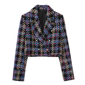 Femmes mélanges Designer Blazer Slim Fit contraste couleur couture haut court Texture de mode Double boutonnage revers pour les femmes 230906