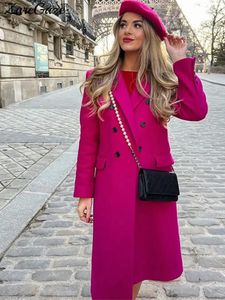 Femmes mélanges Rose rouge double boutonnage longs manteaux revers à manches longues mode femme automne hiver élégant bureau dame vêtements 231123