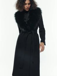 Femmes mélanges RR1534 détaché grand manteau à col en fausse fourrure s X longue veste d'hiver ample ceinture nouée à la taille vêtements d'extérieur 231124