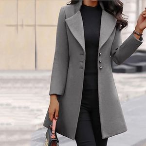 Femmes mélanges solide Colo mince manteau de laine longue veste 2023 automne hiver mode coréenne vêtements d'extérieur noir élégant femme vêtements 231026