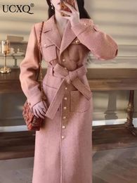 Mélanges de femmes UCXQ Vintage rose Plaid Slim Tweed manteau automne hiver femmes mi-longueur bureau dame longue veste crantée revers vêtements d'extérieur 230927