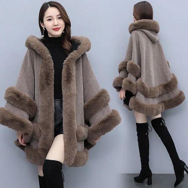 Mezclas de mujeres Invierno 2023 Mujeres Moda Faux Rex Capas de piel de conejo Mantón Largo Punto Poncho Abrigos Abrigos Pashmina Capa Cabo Mujer Casacos 231214