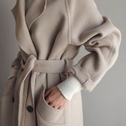 Damesmix Winterbeige Elegant gemengd effen kleur Koreaanse lange jas Retro mode Zwart Eenvoudig Kameel Oversized 230808