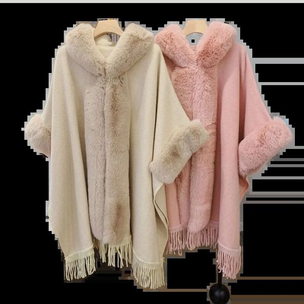 Mujeres mezclas invierno faux rex abrigo de piel de conejo capa mujeres borlas sueltas con capucha cardigan capa abrigo poncho feminino inverno 231206