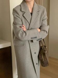 Vrouwen Blends Winter Vintage Lange Jas Rechte Losse Wollen Blazer Overjas Single Breasted Outerwears 2023 231219