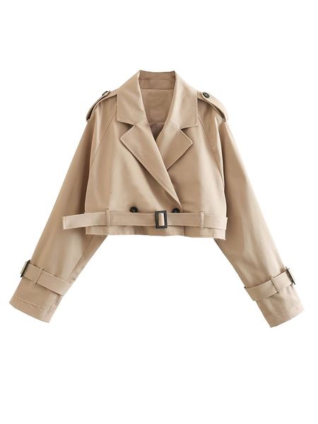 Mélanges de femmes YENKYE Femmes Mode avec ceinture surdimensionnée recadrée Trench-Coats Vintage Double Bouton À Manches Longues Dames Court Kaki Veste 230829